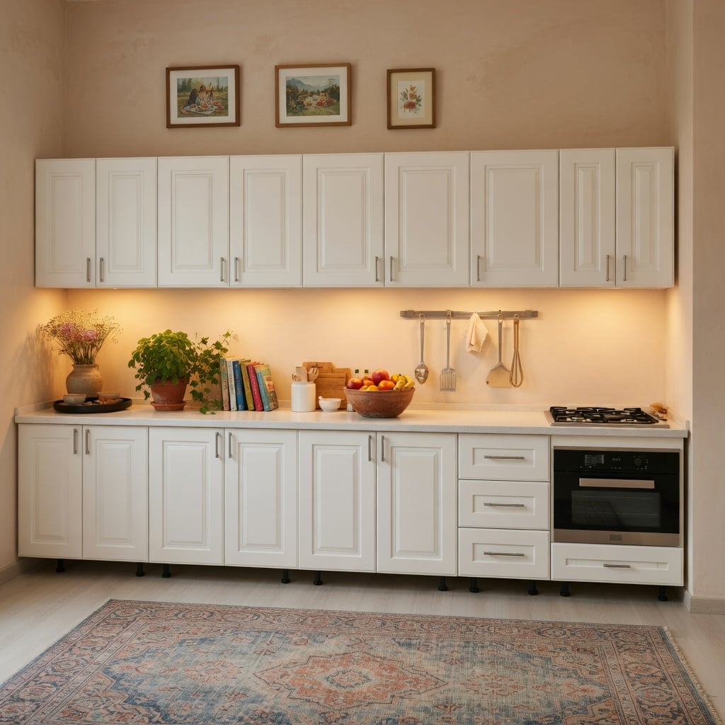 Bucatarie mdf Torino 340 cm, Culoare Alb lemn, MDF 18mm, Blat Termorezistent 2,8 cm Grosime
