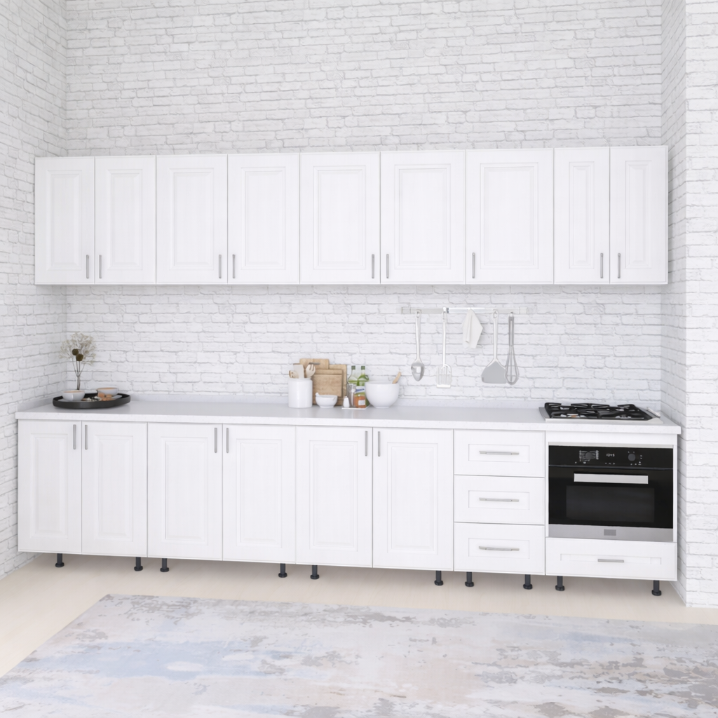 Bucatarie mdf Torino 340 cm, Culoare Alb lemn, MDF 18mm, Blat Termorezistent 2,8 cm Grosime