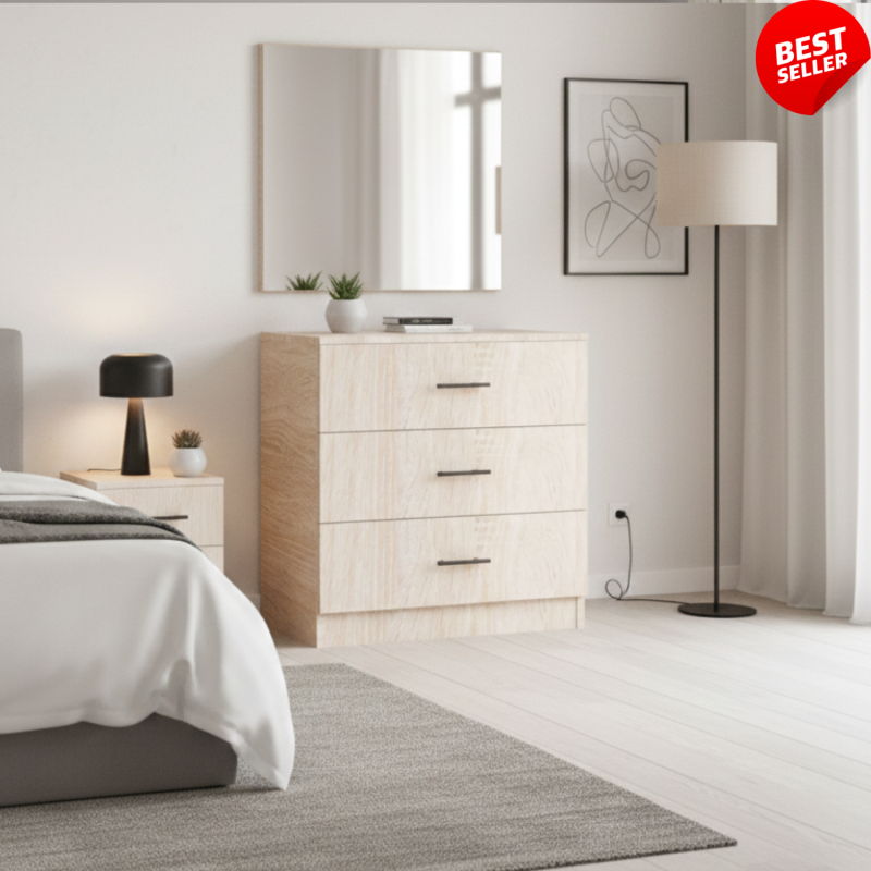 Comoda 3 sertare L80 cm x A43 cm x H75 cm, Culoare Stejar Sonoma, Pal 18mm