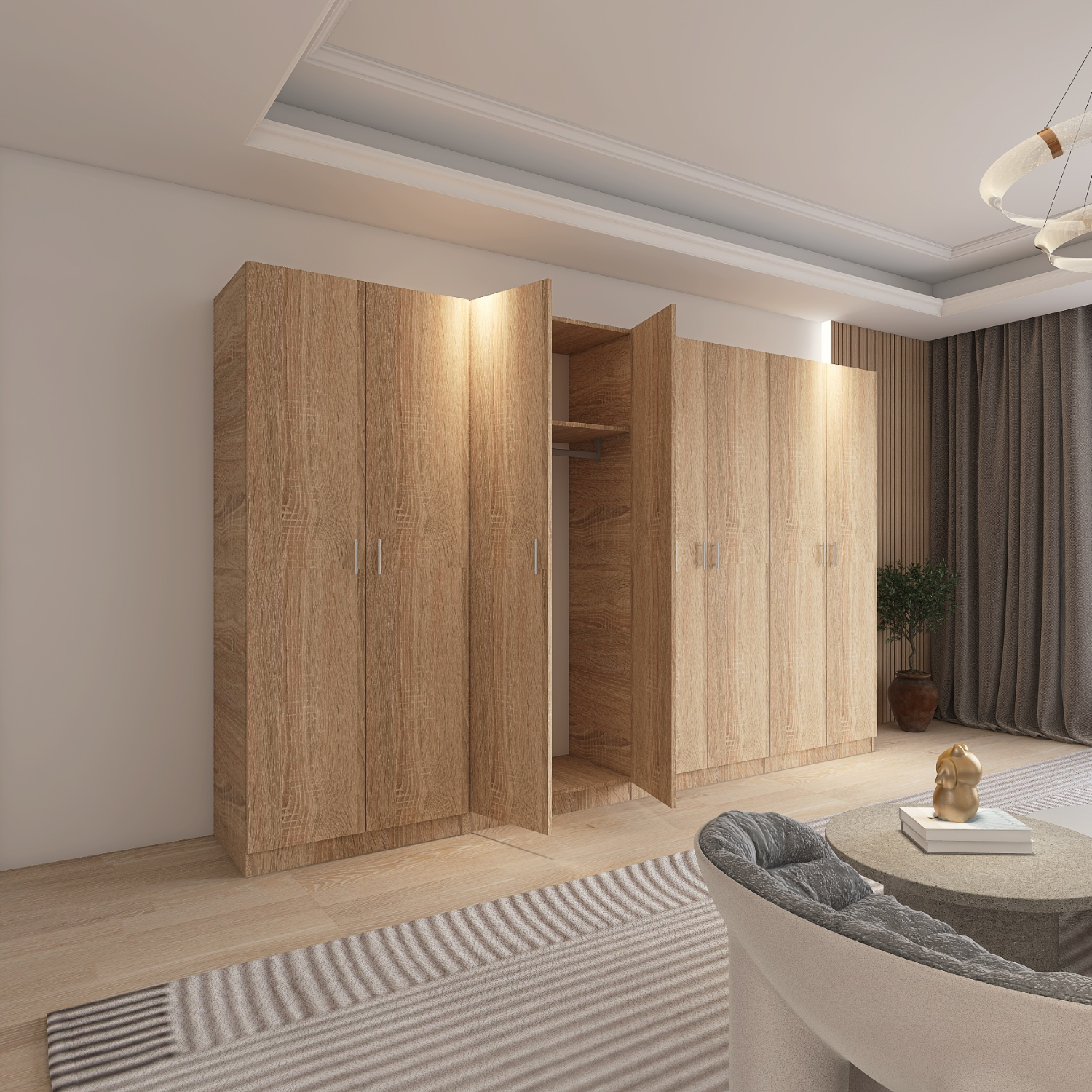 Dulap Dormitor 8 usi cu rafturi si bara haine, H200 x L320 x A50cm, Culoare Sonoma, Pal 18mm, Cant ABS