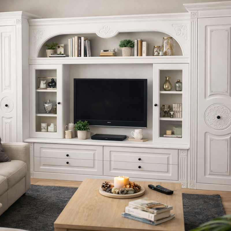 Set Mobila Living NISA, Front MDF, Culoare Alb Mat Patinat Argintiu 330x45x216cm